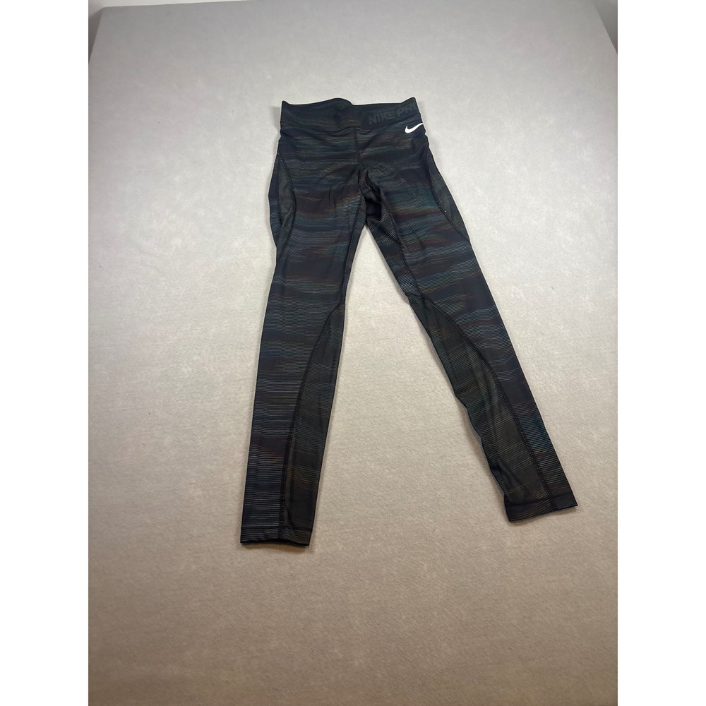 Nike Pro Hypercool Women Small Black Multicolor Striped Mesh Athletic Leggings